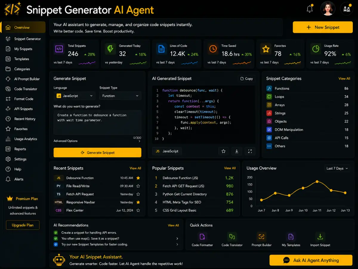snippetgenerator.app AI snippet generator agent — snippet generator dashboard preview